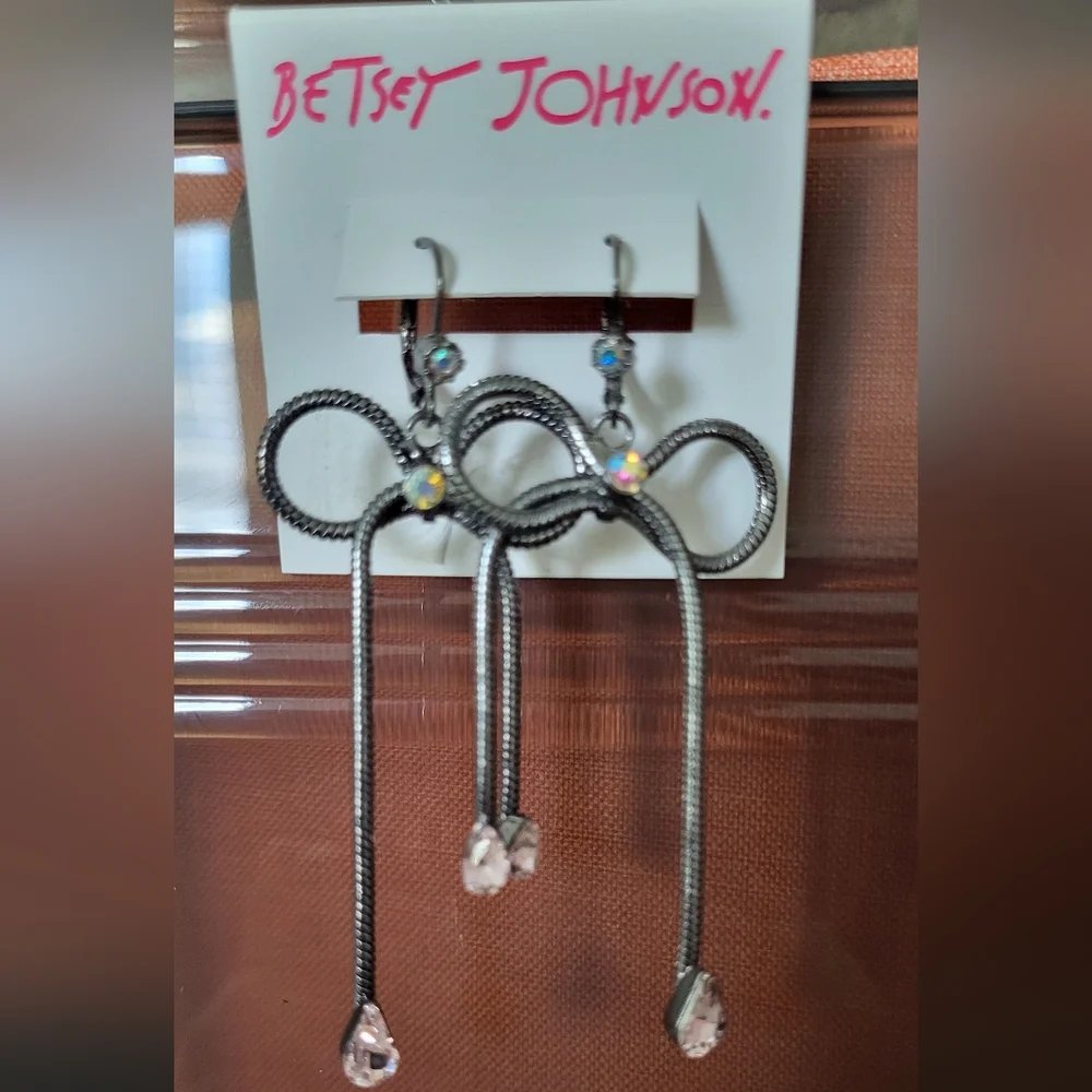 Betsey Johnson Gunmetal Bow Drop Earrings with Aurora Crystals